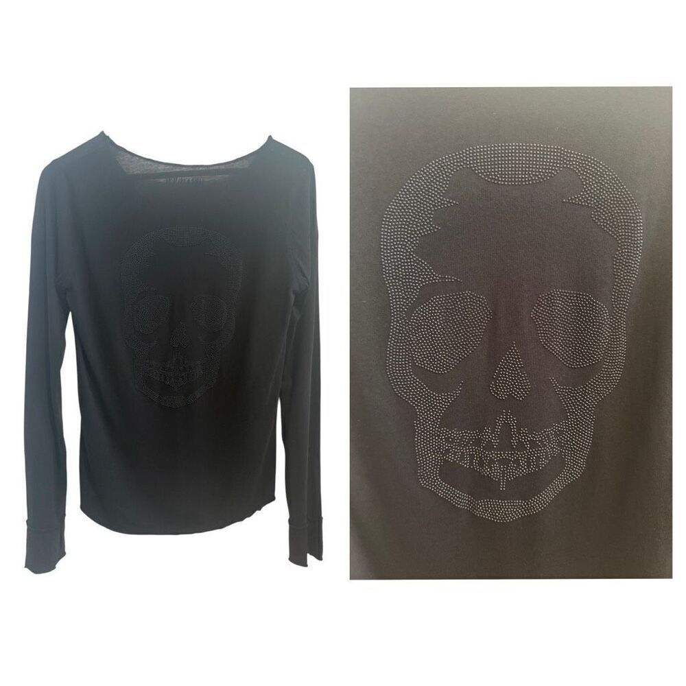 Zadig & Voltaire Skull Tunisien Henley Long Sleeve Black Whimsigoth Top Size M